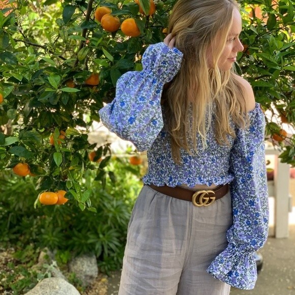 Handmade Floral Ruffle Trim Shirred Cropped Blouse - Picture 1 of 9